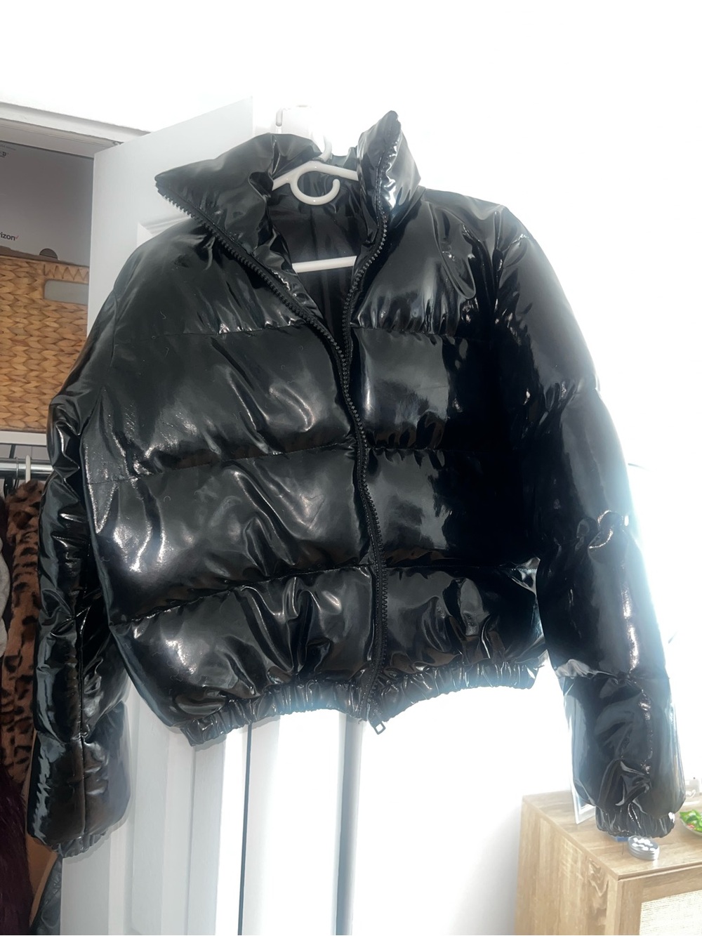 Black Glossy Puffer Jacket - Women's Coat